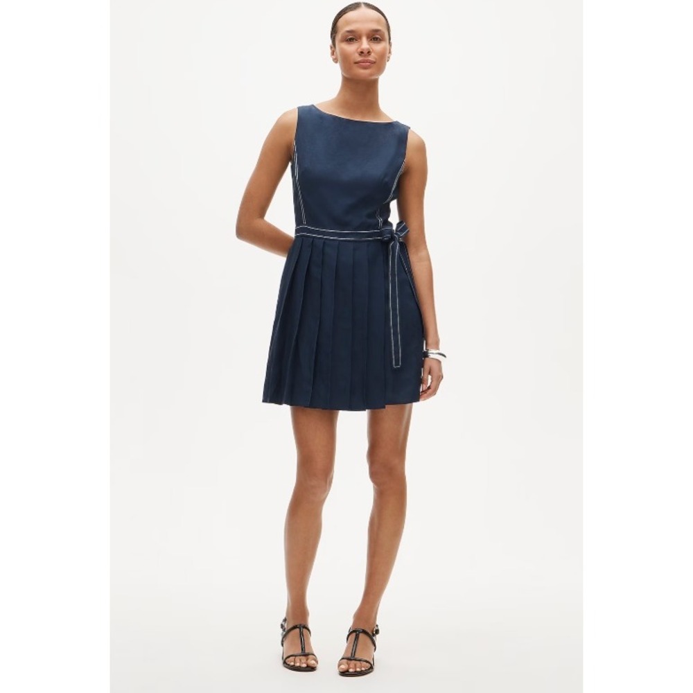 J.Crew Pleated Contrast Stitch Side-Tie Mini Dress Linen Blend Navy Blue Size 8